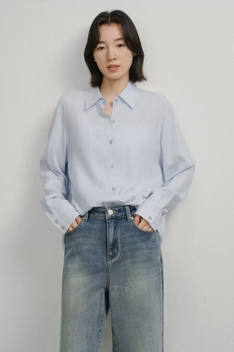 長袖シャツ ブラウス(レーヨン・リヨセル・亜麻混)